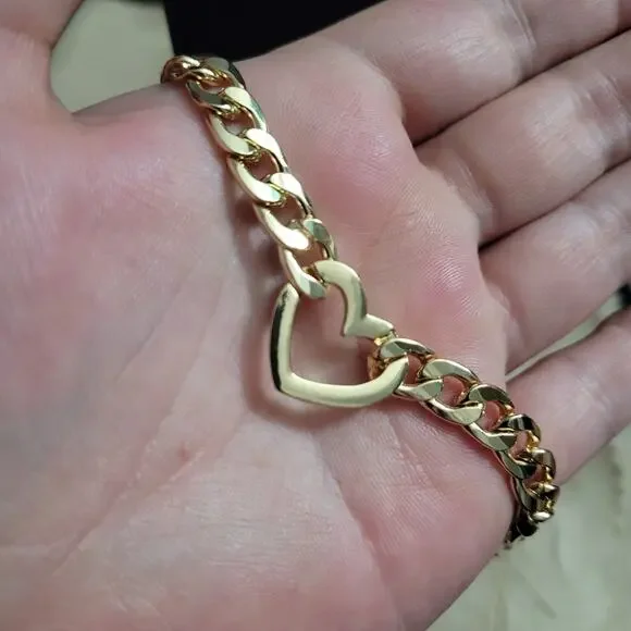 Stainless steel gold cuban chain choker necklace with heart - Picture 2 of 2